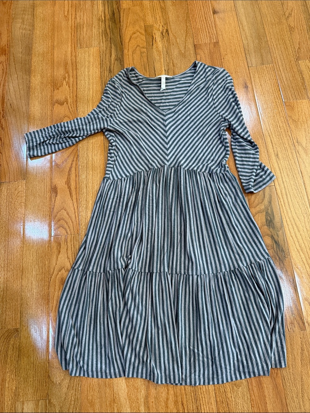 Matilda Jane Gray and Black Striped V-Neck Tiered Midi Dress